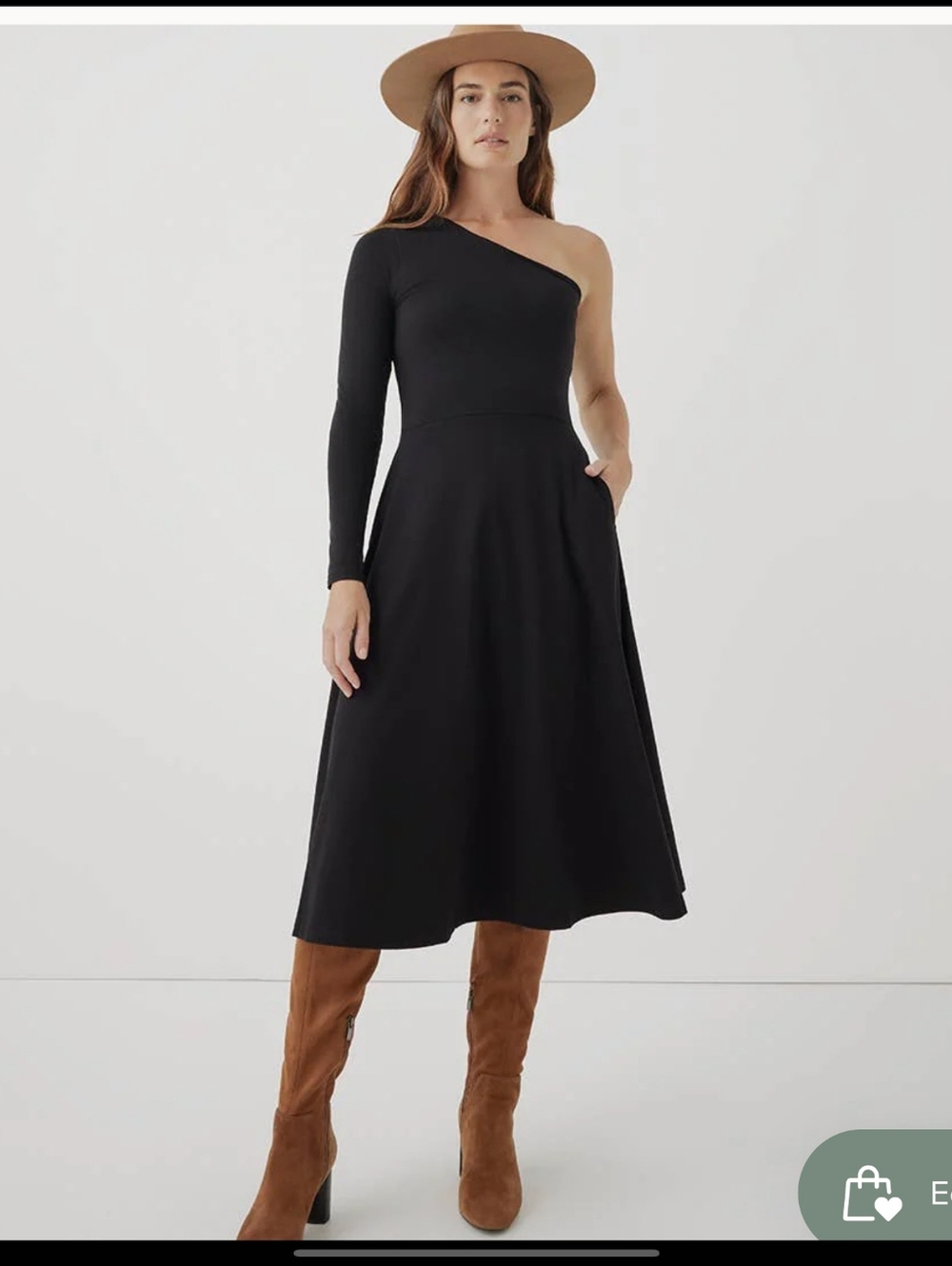 Pact Organic Cotton One Shoulder Fit & Flare Stretch Midi Black Dress Large